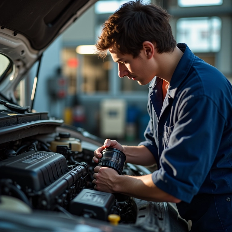 Mecânico trocando óleo e filtro de um carro.