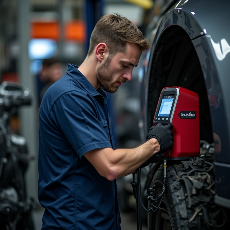 Mecânico usando testador de compressão Raven.