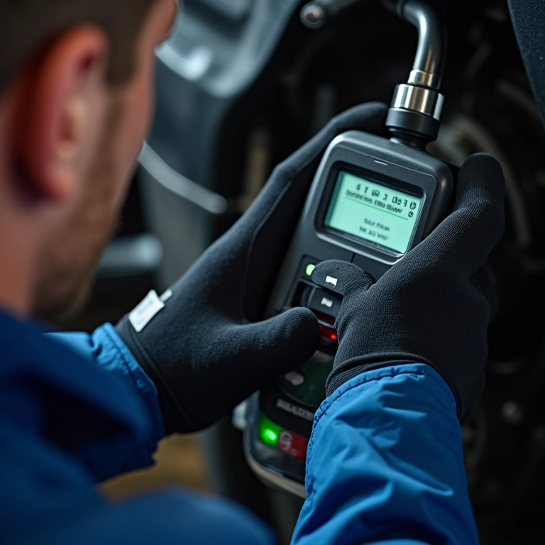 Mecânico utilizando ferramenta para verificar a condição do fluido de freio.