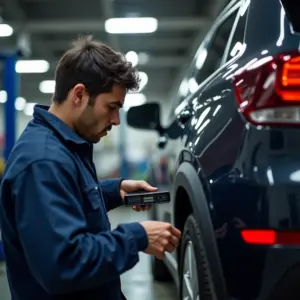 Mecânico utilizando scanner OBD2 para diagnóstico automotivo.