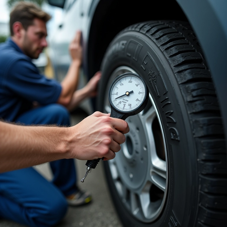 Mecânico verificando a profundidade do pneu com um medidor.