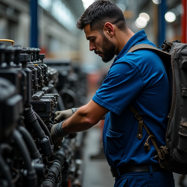 Mecânico verificando motor a diesel com excesso de combustível visível.