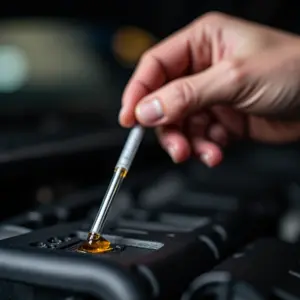 Mecânico verificando nível de óleo do motor com a vareta.