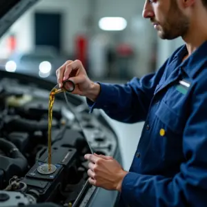 Mecânico verificando o nível do óleo da transmissão manual de um carro.
