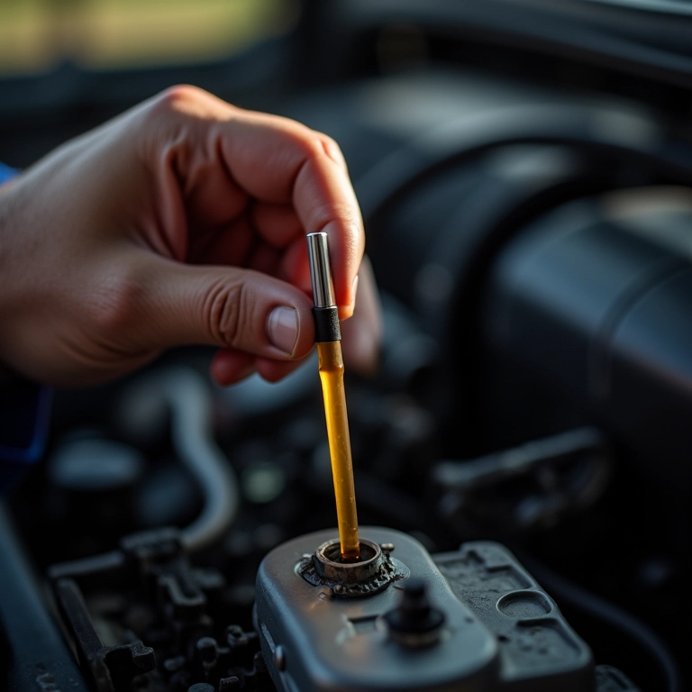 Mecânico verificando o nível do óleo do câmbio manual com vareta.
