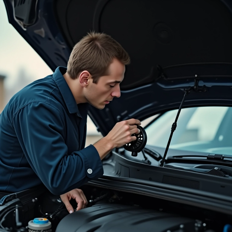 Mecânico verificando ventoinha de carro que não está ligando.
