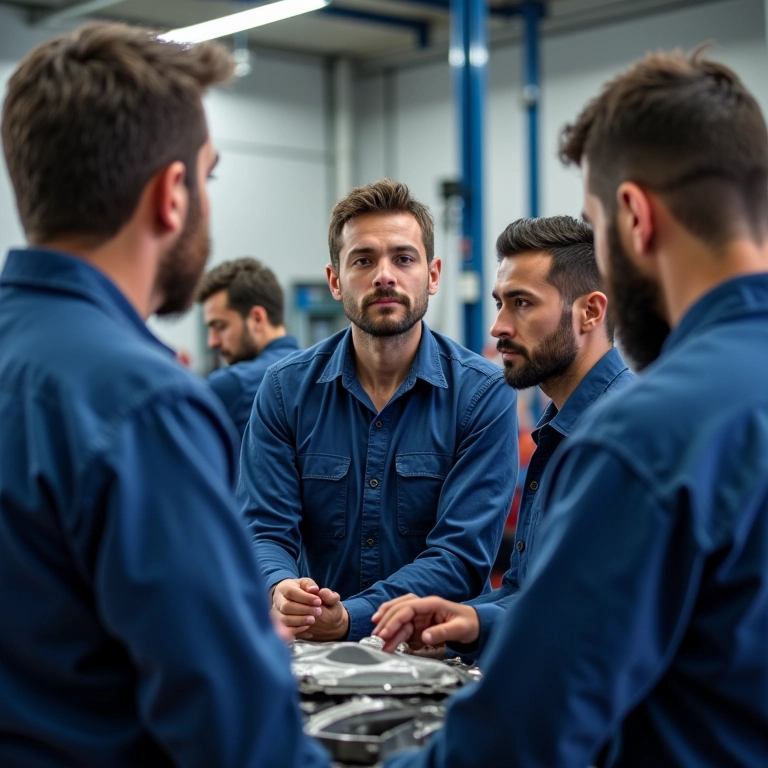 Mecânicos discutindo manutenção de carro.