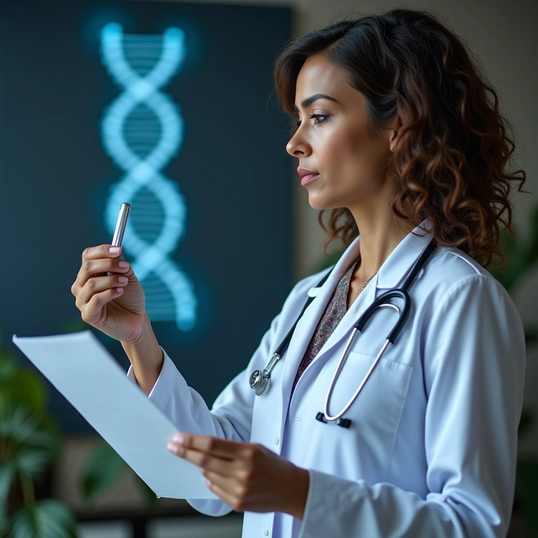 Médica explicando relatório genético para paciente.