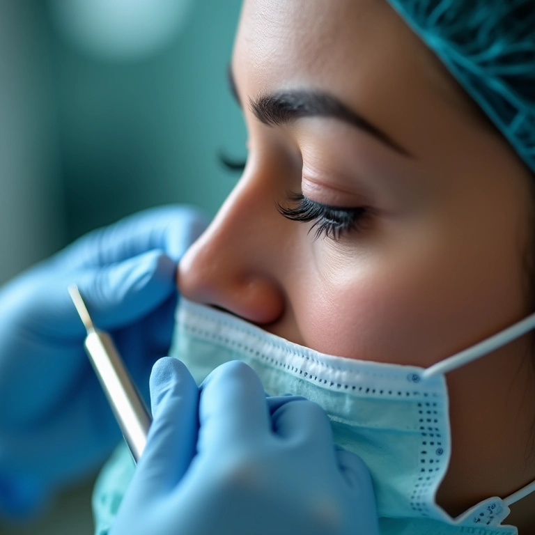 Médico aplicando fios de PDO para contorno nasal.