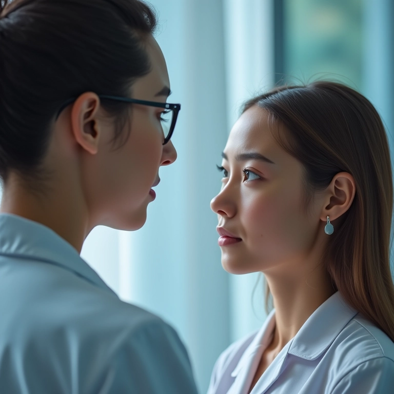 Médico examinando os olhos de uma paciente em uma sala de consulta.