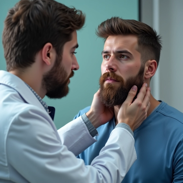 Médico examinando paciente para avaliar a possibilidade de transplante de barba.