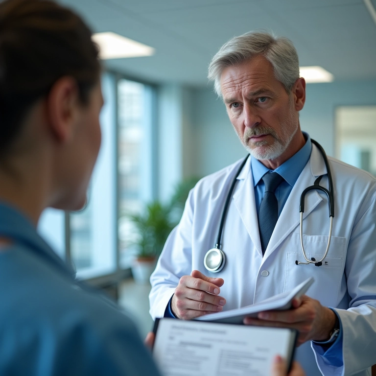 Médico explicando a prescrição de antibióticos para paciente.