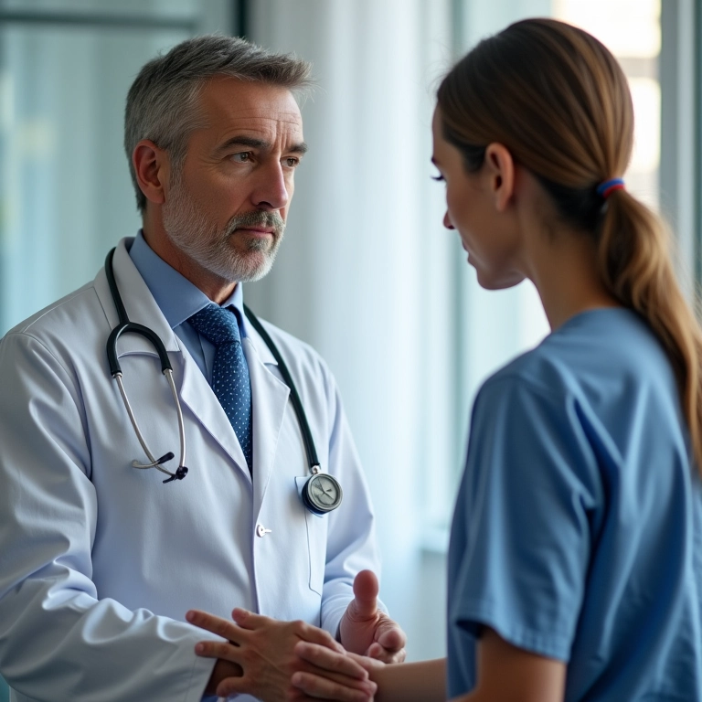 Médico explicando as contraindicações do bioestimulador de colágeno para a paciente.