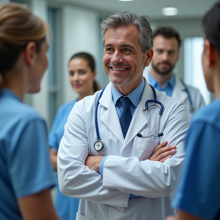 Médico explicando os objetivos do tratamento durante uma consulta, com pacientes diversos ao fundo.