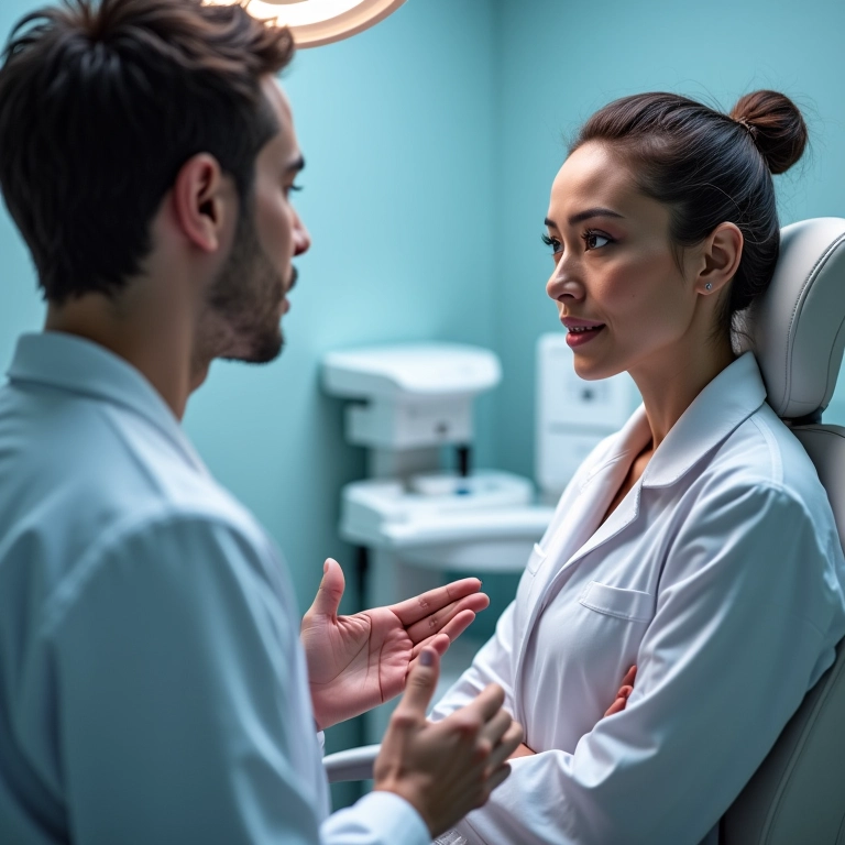 Médico explicando procedimento estético para mulher em clínica.