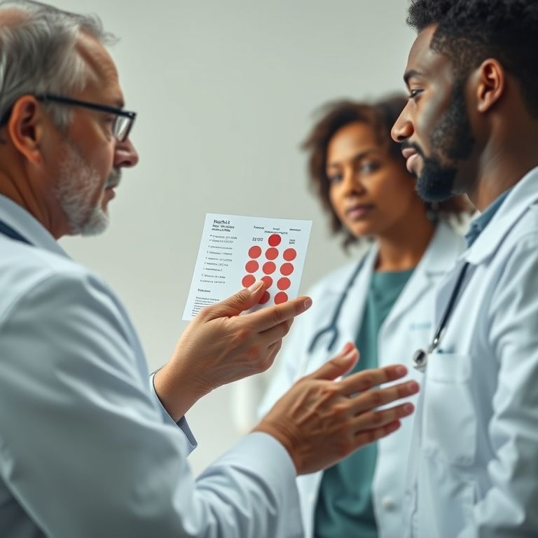 Médico explicando resultados de exame de sangue para paciente.