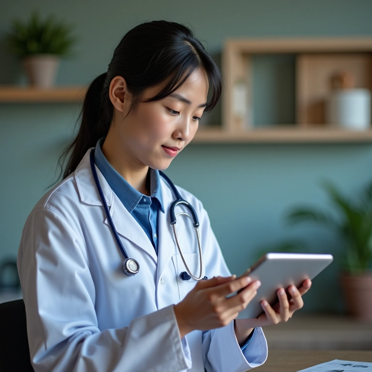 Médico mostrando dados genéticos personalizados em tablet.