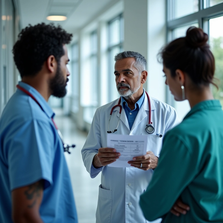 Médicos discutindo resultados de testes genéticos com paciente