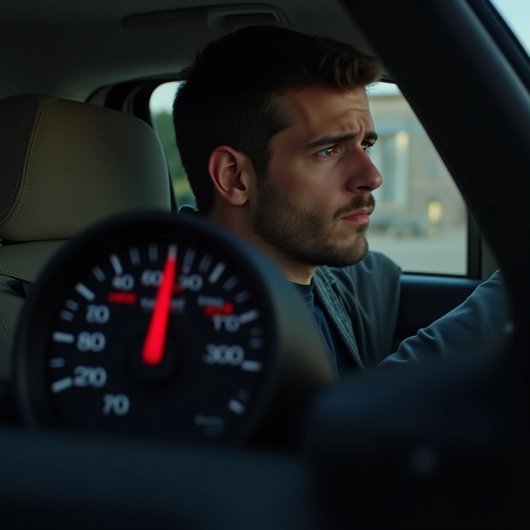 Medidor de combustível de carro mostrando tanque quase vazio.