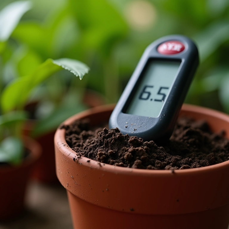 Medidor de pH indicando 6.5 no solo.