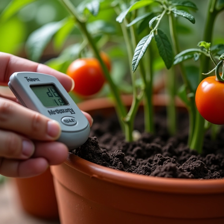 Medindo umidade do solo do tomateiro italiano.