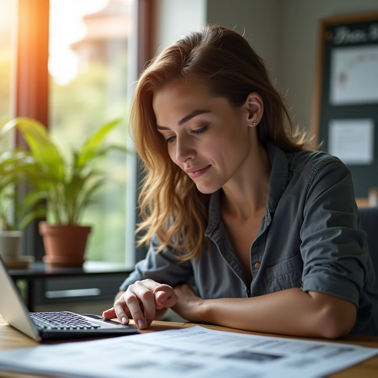MEI calculando seu salário em escritório ensolarado