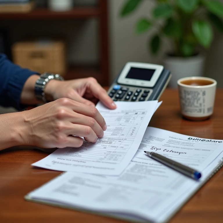 MEI organizando finanças com recibos e calculadora