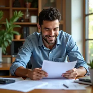 MEI sorrindo analisando documentos fiscais em escritório.