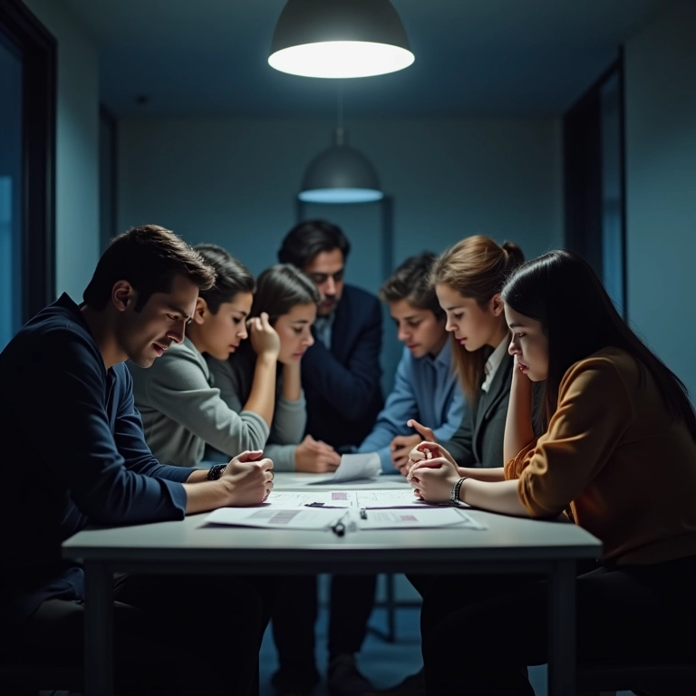 Membros da equipe frustrados ao redor da mesa.