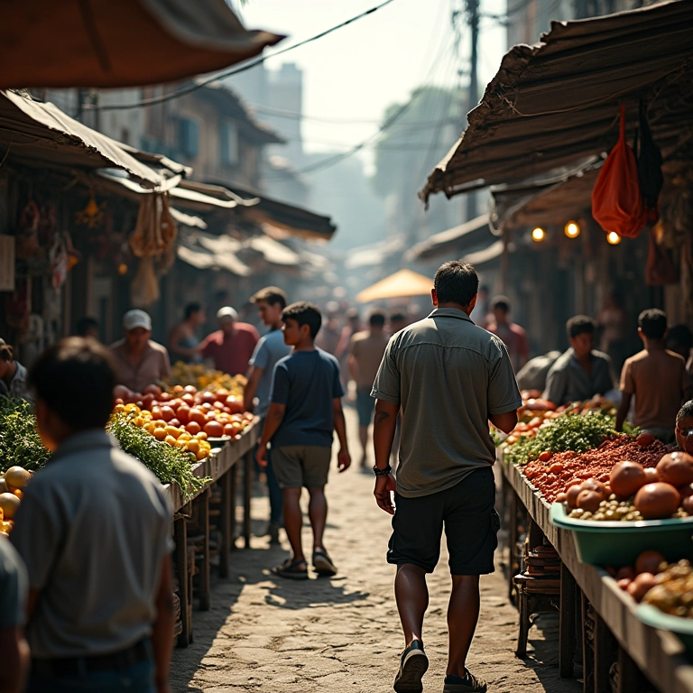 Mercado de rua brasileiro vibrante e aparentemente caótico.