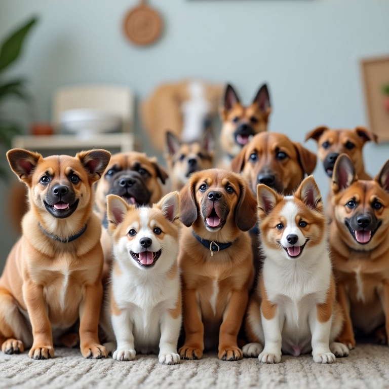 Mercado pet aquecido com diversas raças de cães e tutores felizes.