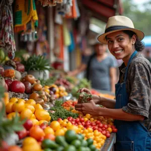 Mercado vibrante com produtos de pequenos negócios brasileiros.