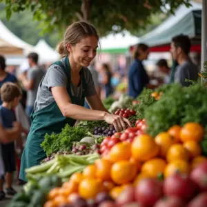 Mercado vibrante com produtos orgânicos frescos e vendedor sorrindo.