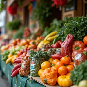 Mercado vibrante com produtos veganos frescos e embalagens ecológicas.