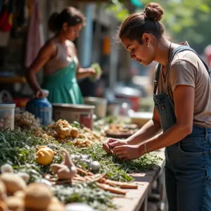 Mercado vibrante no Brasil demonstrando os princípios da economia circular: reduzir, reutilizar, reciclar.