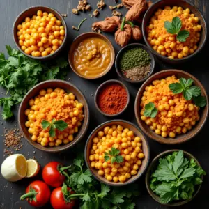 Mesa colorida com diversas receitas de grão de bico e ingredientes frescos.