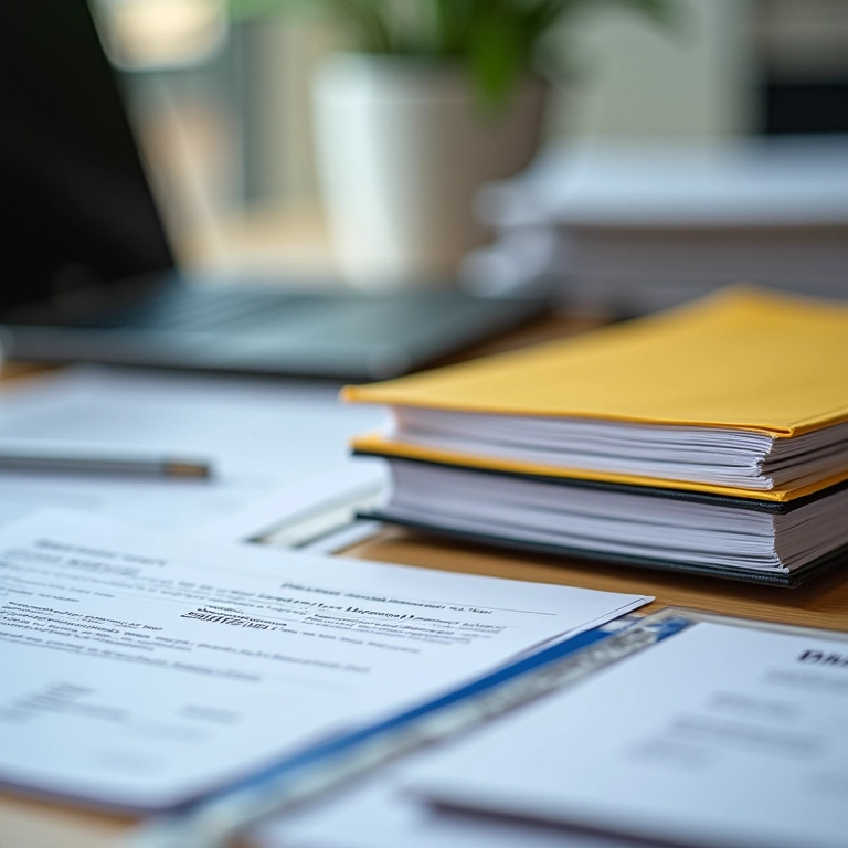 Mesa de arquiteto com pastas de documentos necessários para abrir empresa de arquitetura.