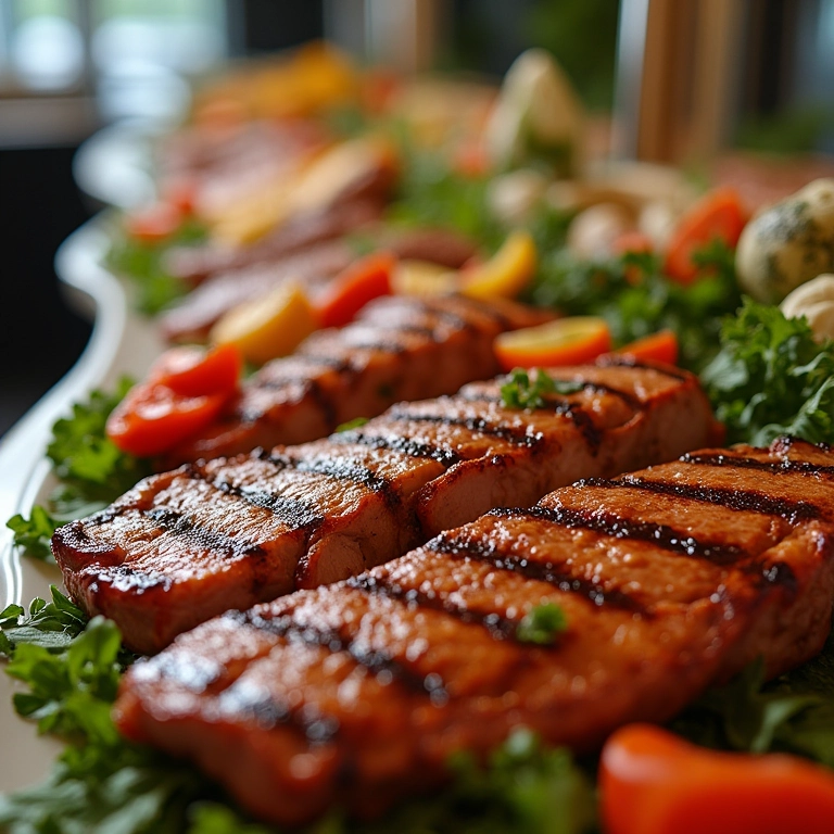 Mesa de buffet elegante com carnes grelhadas e saladas para recepção de casamento.