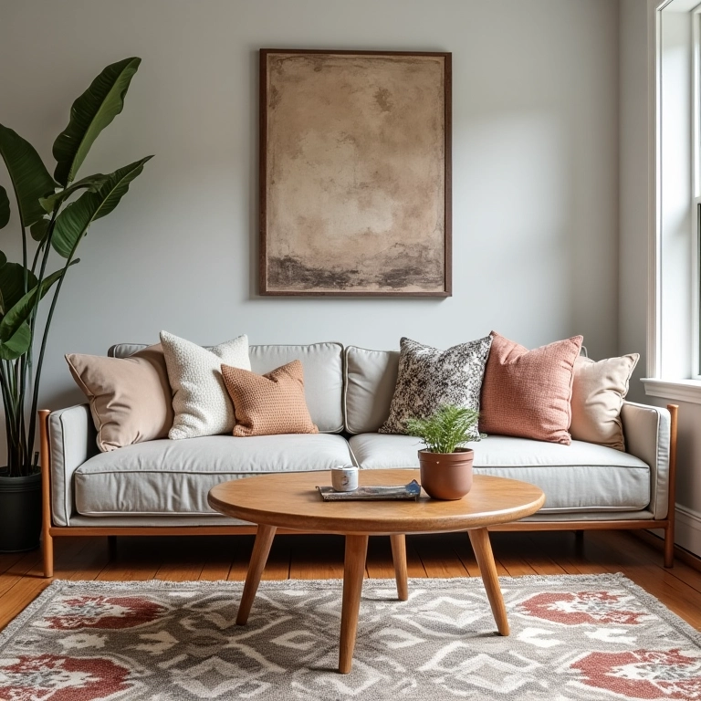 Mesa de centro complementando um tapete estampado em uma sala de estar aconchegante.