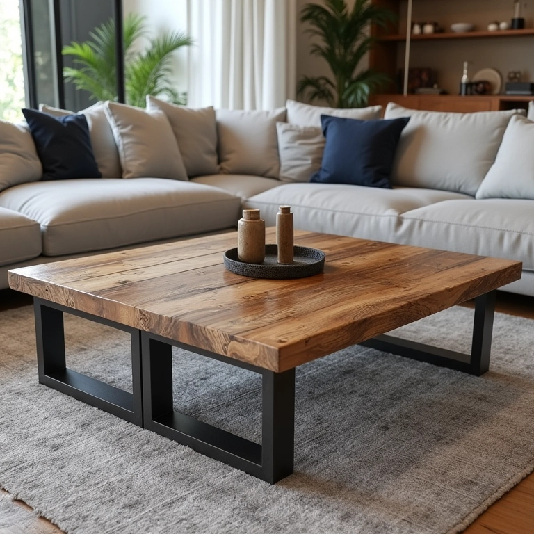 Mesa de centro de madeira de demolição combinada com concreto e metal.