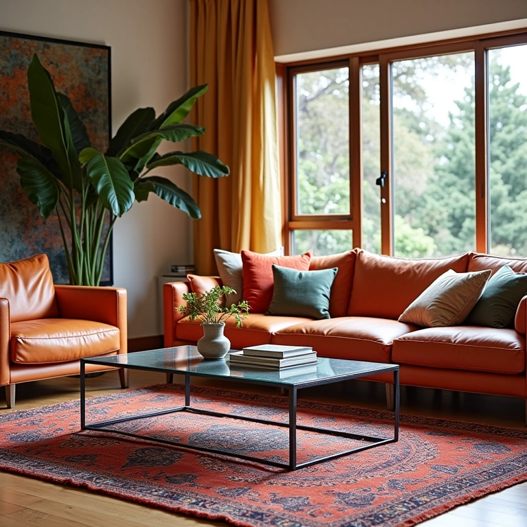 Mesa de centro de vidro e metal harmonizando com a decoração moderna da sala.