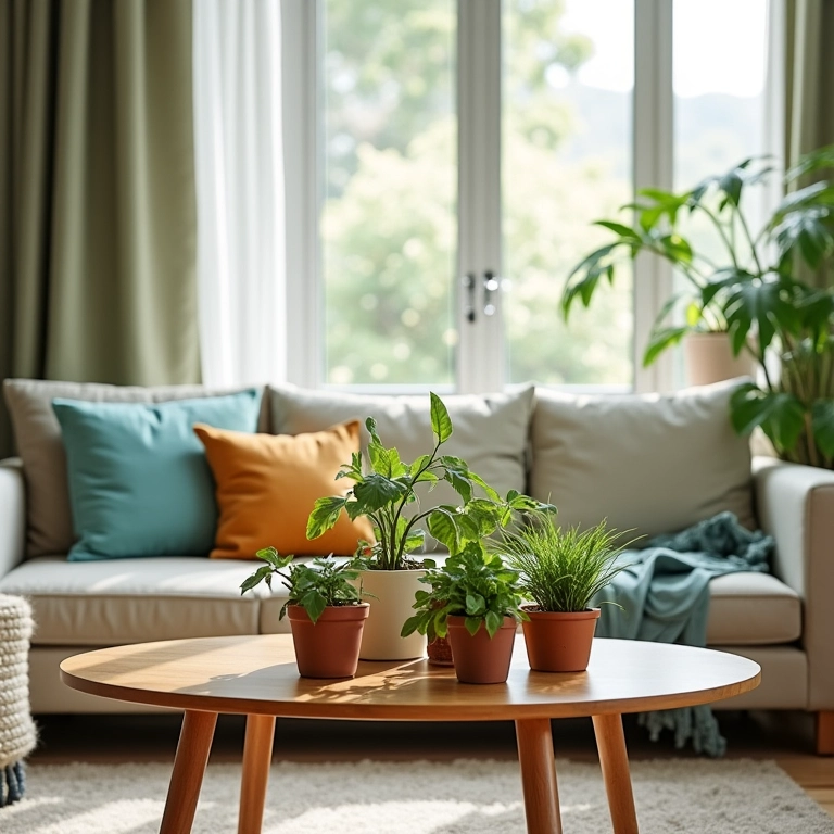 Mesa de centro decorada com plantas em vasos em uma sala de estar iluminada.