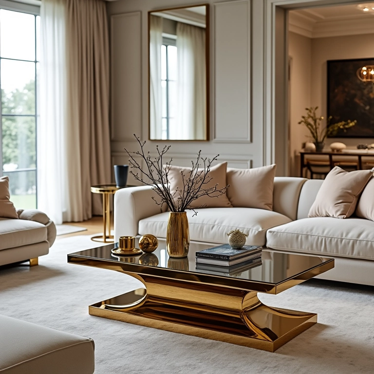 Mesa de centro espelhada refletindo a luz e a decoração em uma sala de estar glamourosa.
