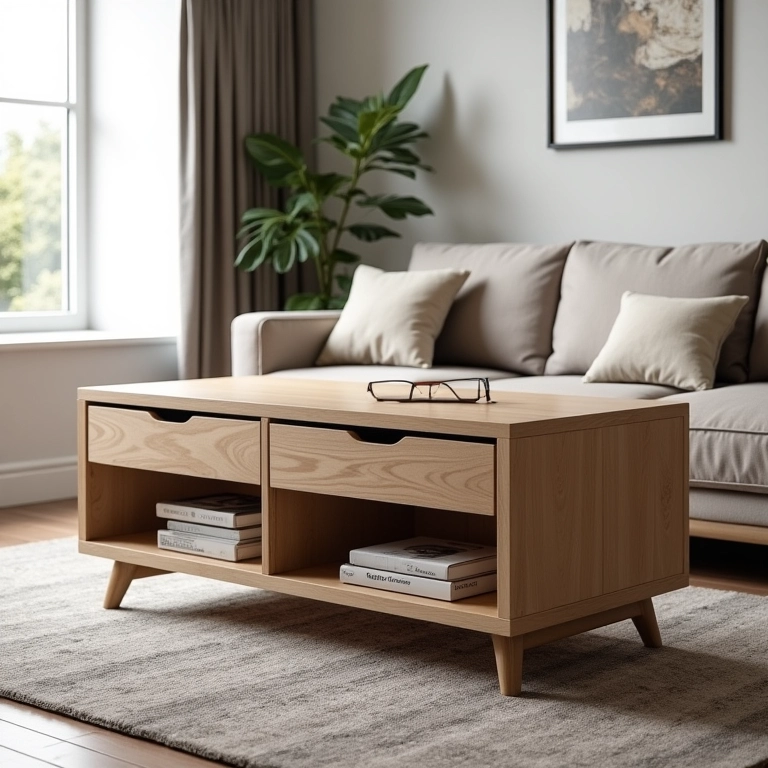 Mesa de centro funcional com gavetas e prateleiras para armazenamento.