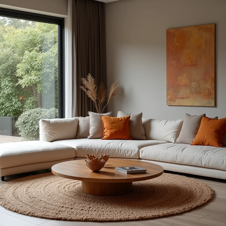 Mesa de centro redonda harmonizando com o design curvo do sofá.