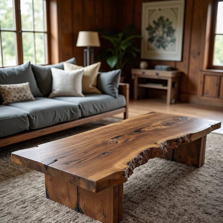Mesa de centro rústica de madeira de demolição em uma sala de estar aconchegante.