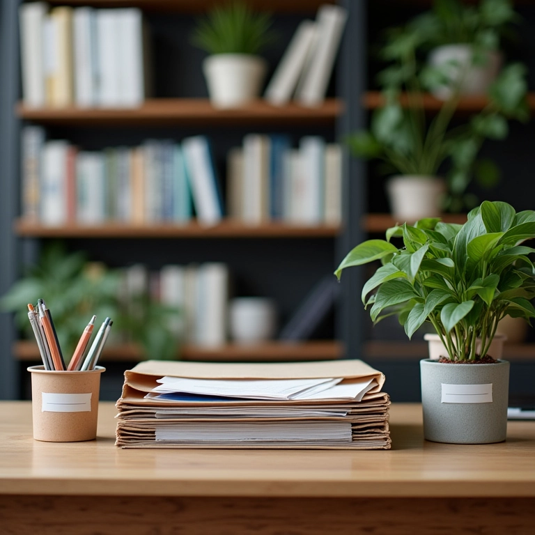 Mesa de estudos organizada com materiais bem dispostos para fácil acesso.