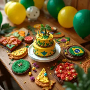 Mesa de festa de aniversário com doces brasileiros tradicionais.
