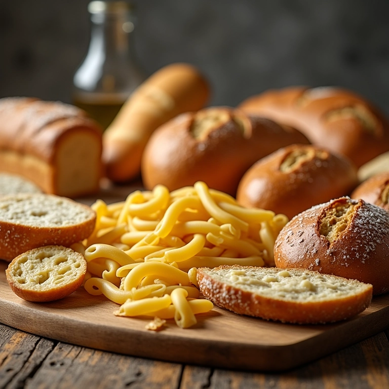 Mesa farta com alimentos que contêm glúten.