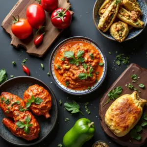 Mesa farta com diversos pratos de berinjela: caponata, parmegiana e berinjela recheada.